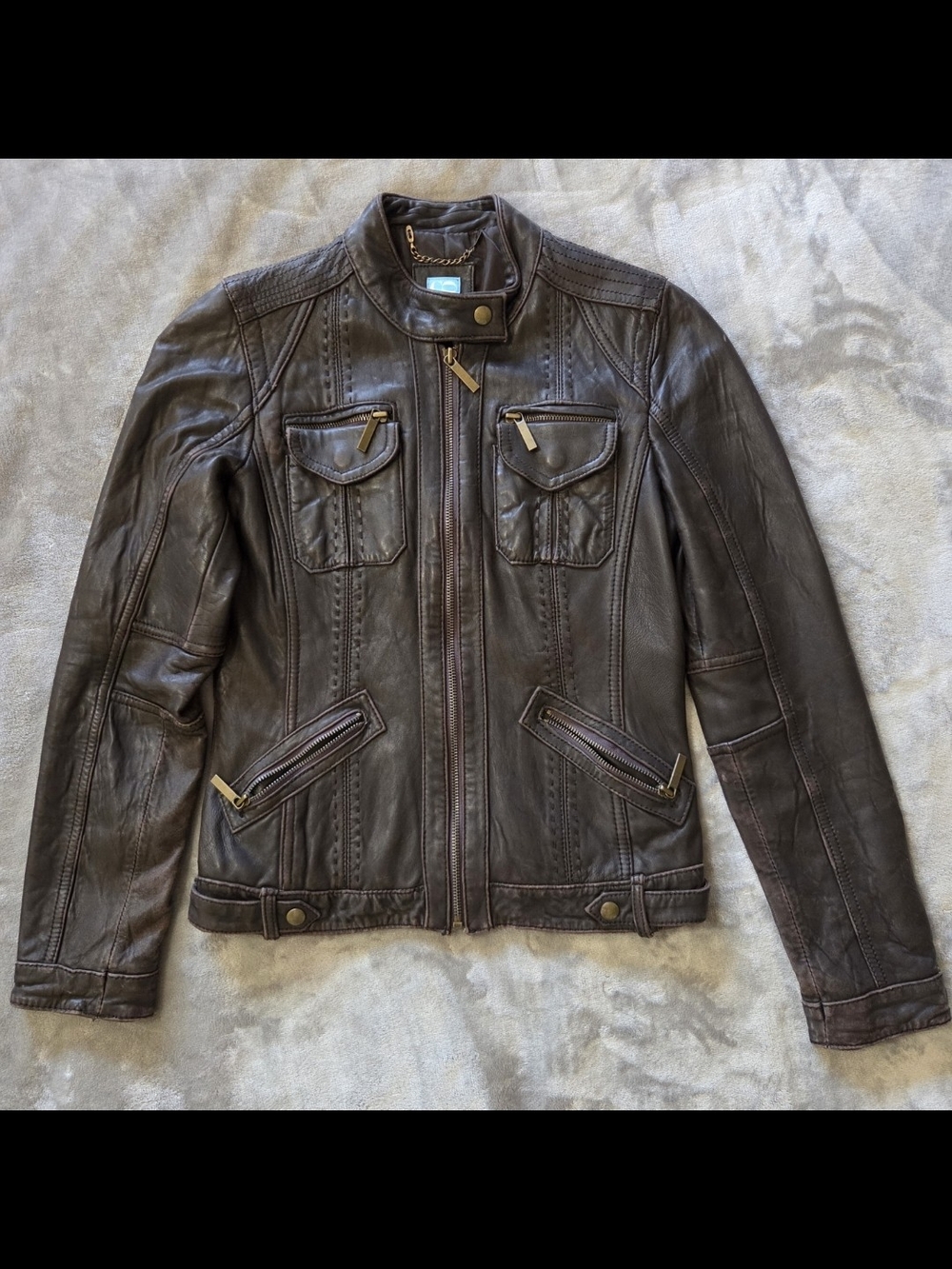 Barneys New York CoOp - Women's Dark Brown Leather Biker Jacket - Classic Style